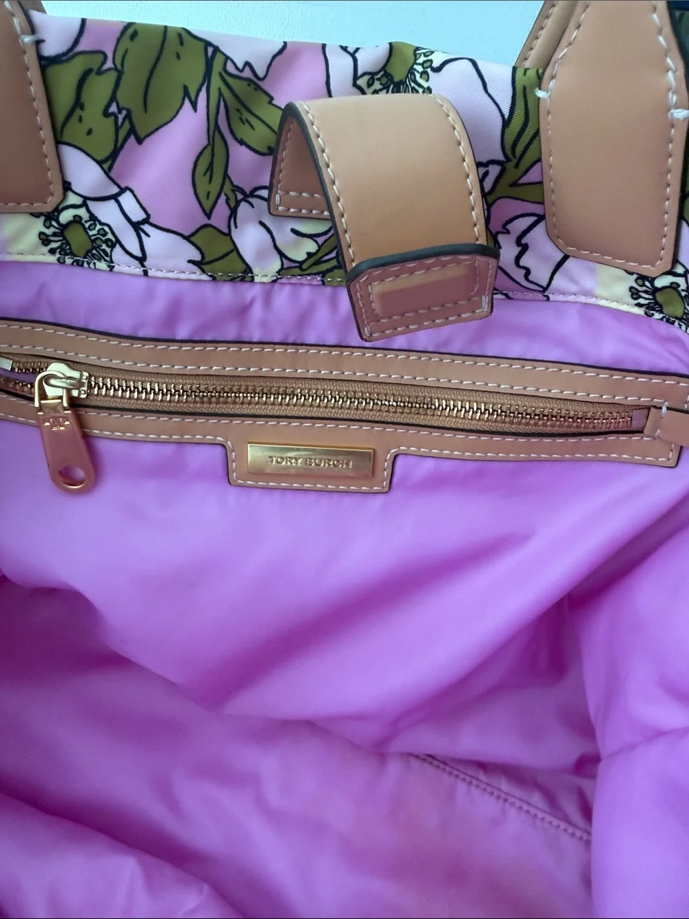 Tory Burch Ella Pink Floral  Tote with Tan Leather Trim large bag